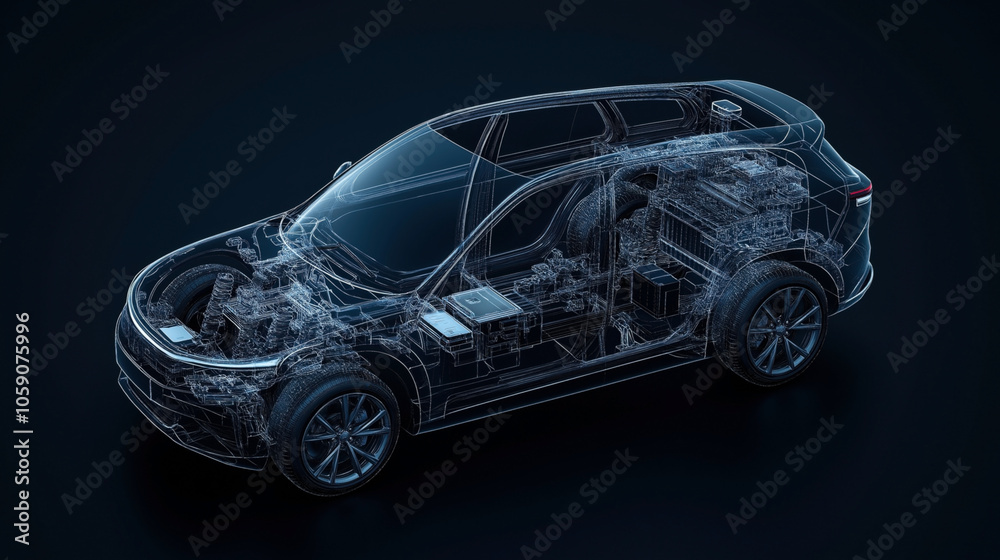 Transparent wireframe model of an electric car showing internal components and architecture in a 3D ed illustration on a dark background. Transparent wireframe model of an electric car showing internal components and architecture in a 3D ed illustration on a dark background.