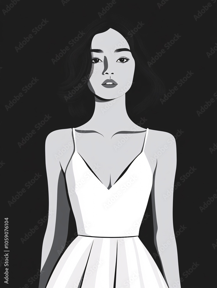 Naklejka premium Elegant Abstract Silhouettes of Women in Cocktail Dresses in Minimalist Black and White Designs