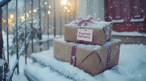 Two wrapped packages rest on a snow-covered doorstep at dusk. Generative AI. photo