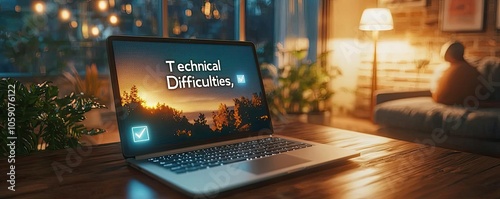 A laptop screen showing "Technical Difficulties," pixelated text and error icons, user visibly frustrated in the reflection, dim lighting