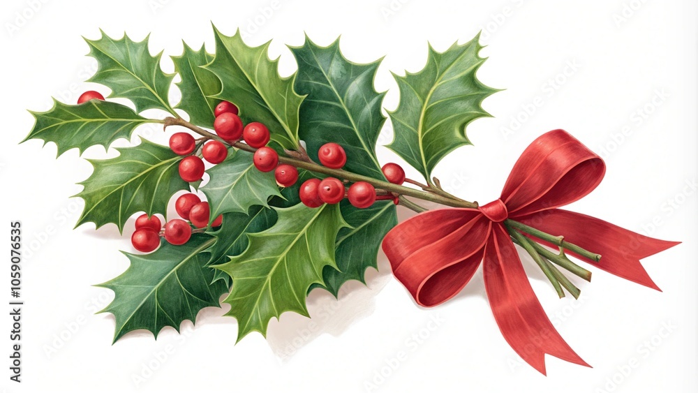 Obraz premium A traditional Christmas illustration featuring holly leaves and red berries tied with a red ribbon, creating a festive and elegant decoration on a white background. Ideal for holiday designs and seaso