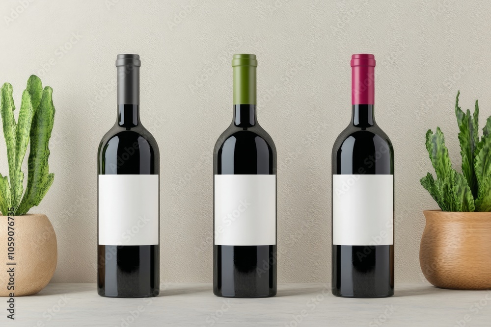 Fototapeta premium Minimalist Wine Bottle Display with Blank Labels Surrounded by Green Potted Plants on Neutral Background