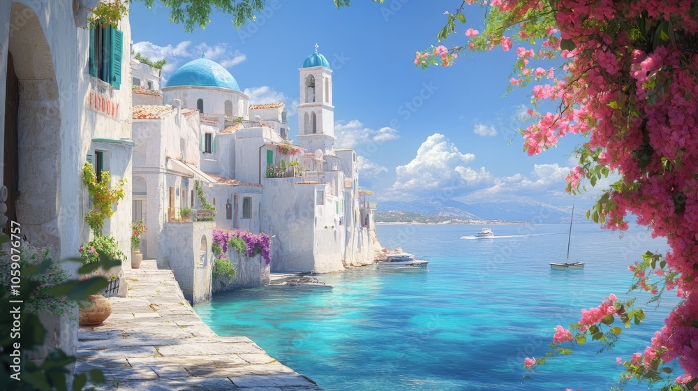 Fototapeta premium Ultra Realistic Mediterranean coastal village, white-washed buildings, blue domed churches, bougainvillea flowers and clear waters, beach in Greece