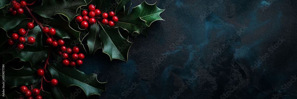 Christmas background with real holly leaves and red berries on a stone ...