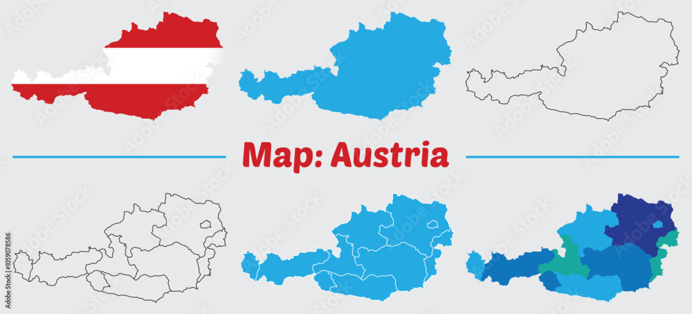 Austria country map set. internal provinces borders marked, Simple map of Austria vector drawing, Filled and outline. Austria country map set. internal provinces borders marked, Simple map of Austria vector drawing, Filled and outline.