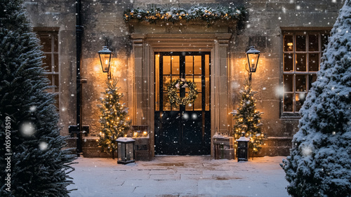 Christmas decor, country cottage style house decoration for an English countryside home interior design, winter wreath holiday botanical arrangements and festive atmosphere, Merry Christmas and Happy