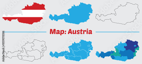 Austria country map set. internal provinces borders marked, Simple map of Austria vector drawing, Filled and outline.