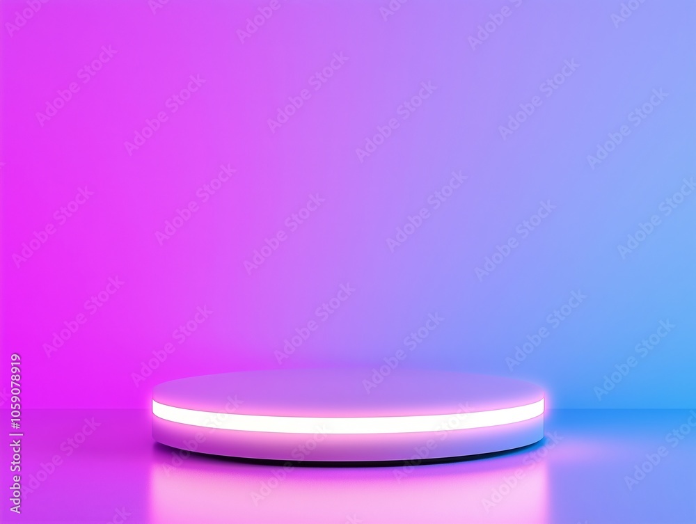White glowing platform on gradient pink and blue background. 3D render style. Product display concept. Design for banner, poster and background with copy space. White glowing platform on gradient pink and blue background. 3D render style. Product display concept. Design for banner, poster and background with copy space.