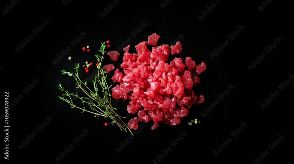 Fresh Raw Mince Ground beef meat with thyme. Black background. Top view Fresh Raw Mince Ground beef meat with thyme. Black background. Top view