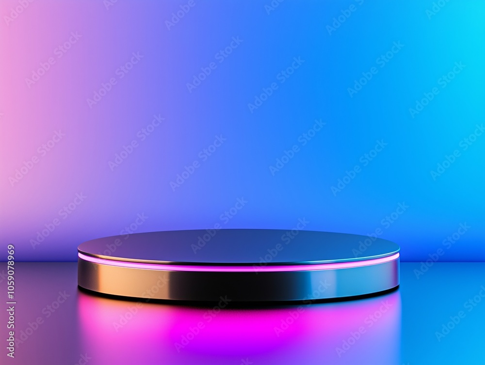 Black glowing platform on gradient pink and blue background. 3D render style. Product display concept. Design for banner, poster and background with copy space. Black glowing platform on gradient pink and blue background. 3D render style. Product display concept. Design for banner, poster and background with copy space.