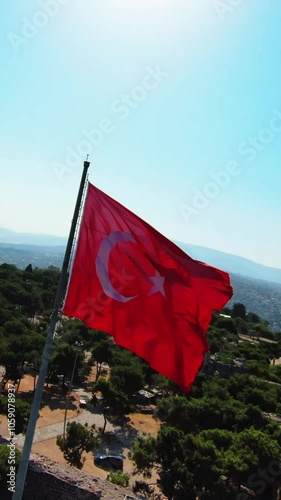 Vertical video of Turkish flag - high quality Turkish flag image taken with fpv drone in izmir, Turkiey photo