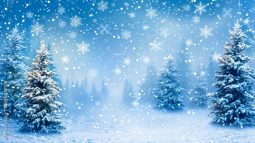 Winter Background with Christmas Trees in the Snow and Snowflakes Winter Background with Christmas Trees in the Snow and Snowflakes