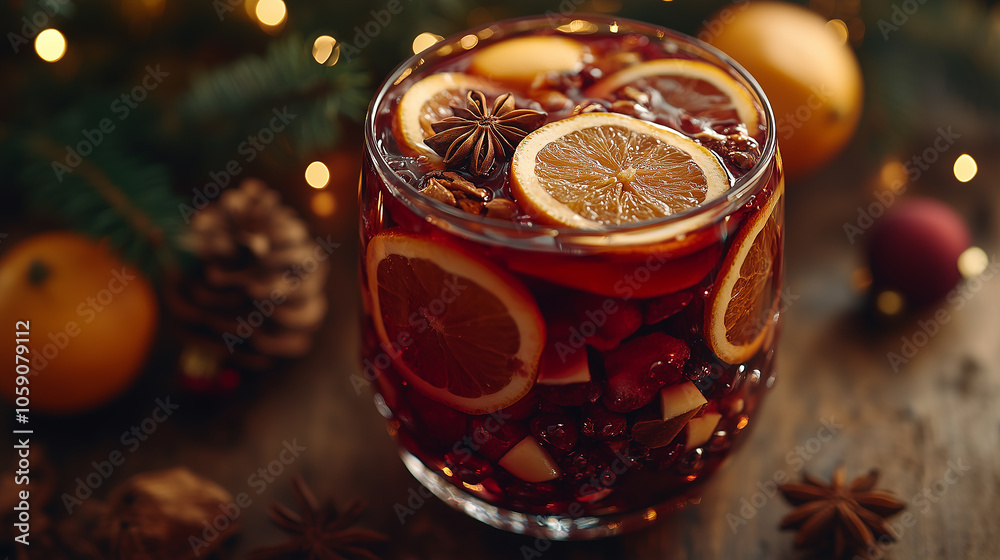 A glass of wine with orange slices and a sprig of rosemary A glass of wine with orange slices and a sprig of rosemary