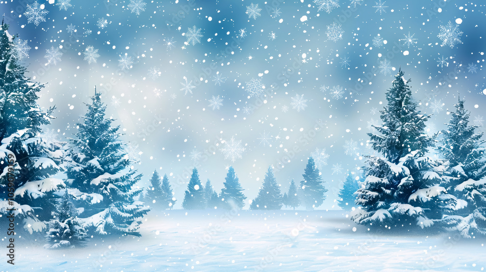 Obraz premium Winter Background with Christmas Trees in the Snow and Snowflakes