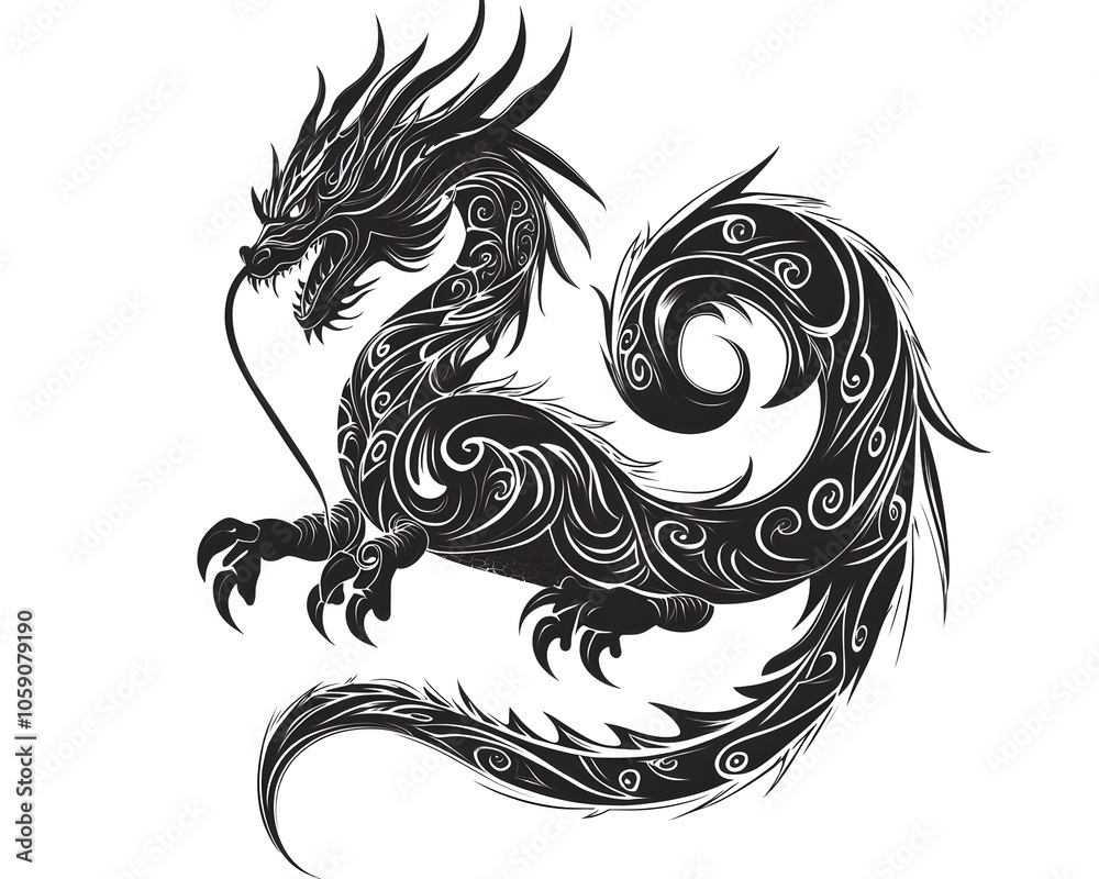 Powerful Black Dragon Tattoo with Swirling Dynamic Lines and Detailed Scales on White Background Powerful Black Dragon Tattoo with Swirling Dynamic Lines and Detailed Scales on White Background