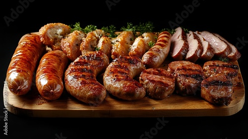 German cuisine. Juicy fried chicken, beef and pork sausages lie on a wooden board, on a black background photo