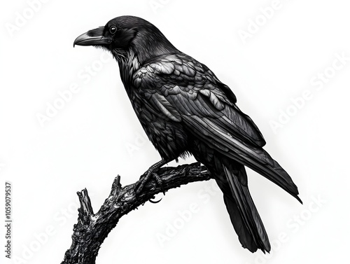 Intricate Raven Tattoo Sketch on Stark White Background with Copy Space photo