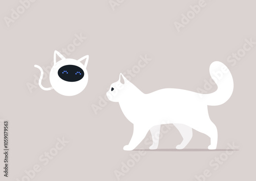 In a gentle and playful moment, a white cat explores its surroundings as it meets a whimsical cat-shaped robot, embodying the joy of friendship and curiosity within a subtle backdrop