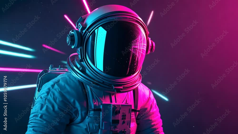 An astronaut stands in a futuristic setting with neon lights, suggesting a journey into space