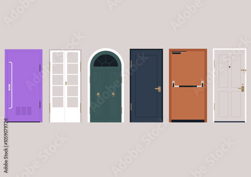 A variety of doors in distinct styles and colors invites curiosity and inspiration, each representing a unique entryway and the stories that lie beyond them, all presented in an artistic arrangement