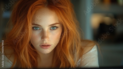 Close-up portrait of a young woman with red hair and blue eyes looking directly at the camera.