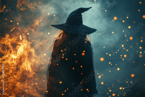 witch silhouette casting spells in a dark forest with mystical fire and smoke, creating an enchanting fantasy atmosphere for halloween