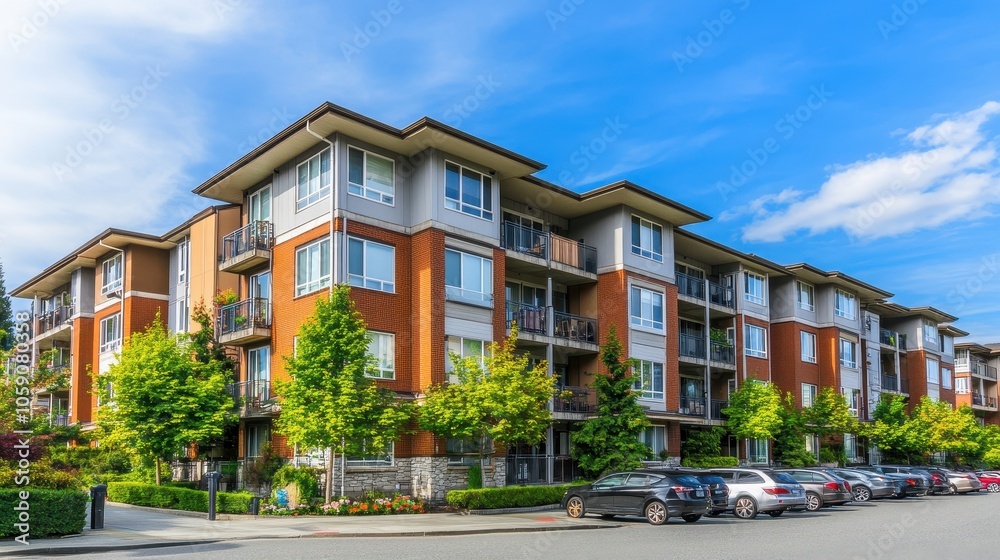 Modern Apartment Building with a Sunny Day Sky Modern Apartment Building with a Sunny Day Sky