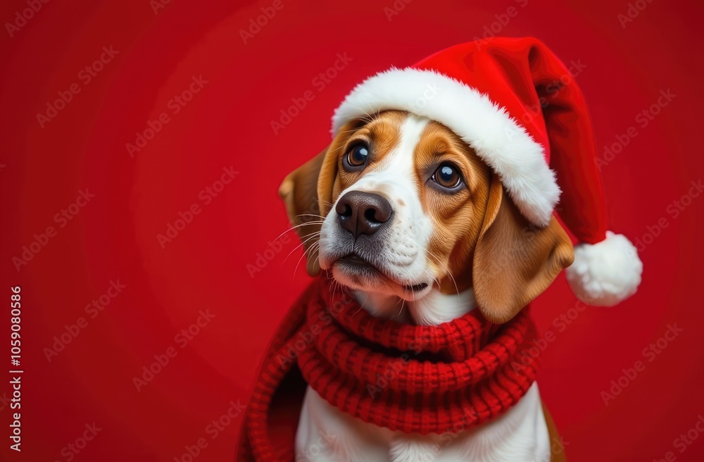 dog in Santa Claus Christmas hat on red background dog in Santa Claus Christmas hat on red background