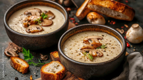 Two bowls of mushroom soup sit on a table with bread and other food