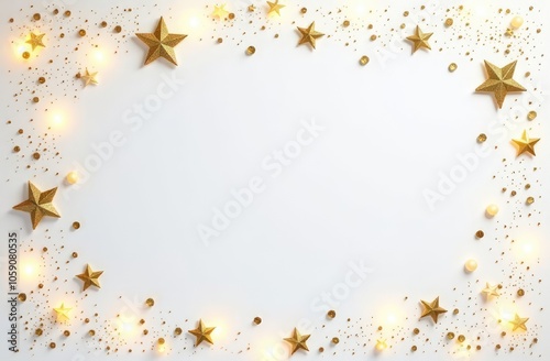 Gold frame mockup with copy space top view and Xmas decoration in gold white colors on white background isolated. Christmas background.