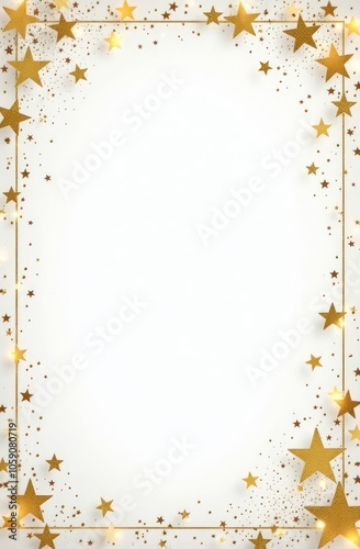 Gold frame mockup with copy space top view and Xmas decoration in gold white colors on white background isolated. Christmas background.