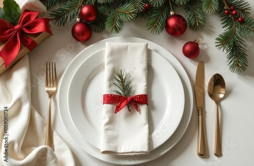 Christmas table place setting with christmas pine branches and plate, kine, fork and spoon.Christmas holiday background.Top view.