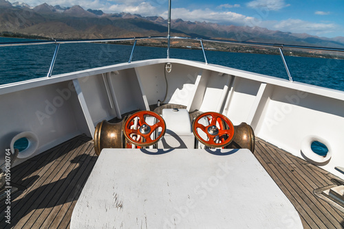 Anchor chain stopper on the bow of a pleasure yacht on Lake Issyk-Kul.