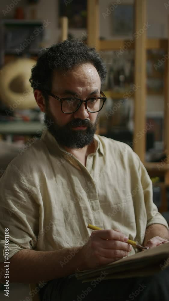 Medium vertical shot of mature bearded Caucasian male artist in glasses sitting in studio, drawing pencil sketch in notepad for future painting, glancing forward at composition or model Medium vertical shot of mature bearded Caucasian male artist in glasses sitting in studio, drawing pencil sketch in notepad for future painting, glancing forward at composition or model