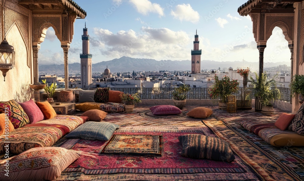 Obraz premium Rooftop terrace with city view, pillows, and rugs.
