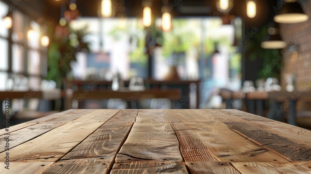 Blurred restaurant interior with wooden table for product mockup display. Blurred restaurant interior with wooden table for product mockup display.