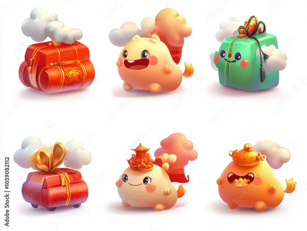 Charming collection of cartoon icons representing auspicious gifts and ...