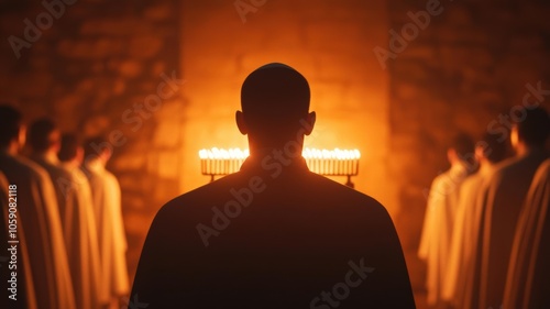 Dramatic scene of menorah lighting ceremony, highlighting ancient rituals in modern settings, Hanukkah ritual, symbolism