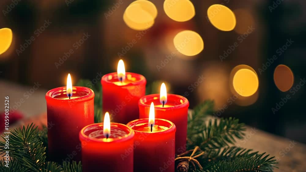 Four red candles burn brightly on a wreath of pine branches, creating a warm and festive atmosphere Four red candles burn brightly on a wreath of pine branches, creating a warm and festive atmosphere