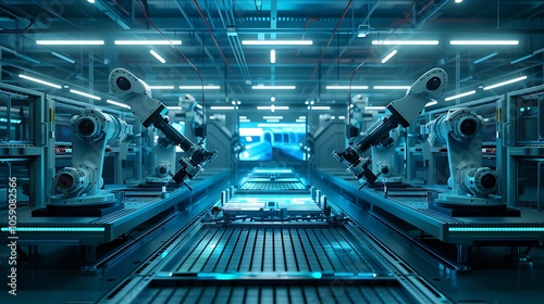 A futuristic industrial setting featuring robotic arms working in unison within a high-tech manufacturing environment.