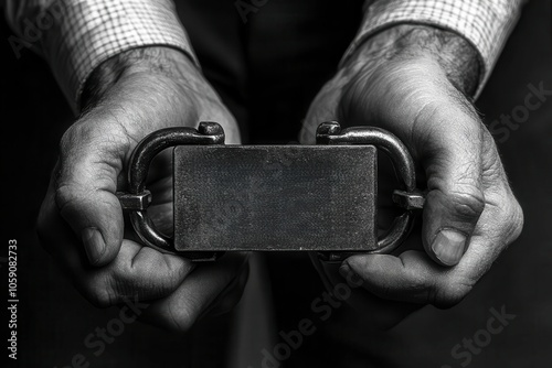 Two hands breaking free from a pair of handcuffs, one hand holding a Happy Divorce banner