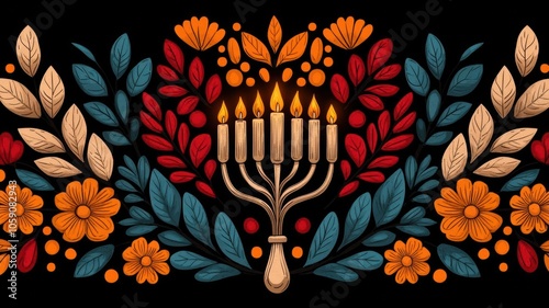 A glowing menorah surrounded by traditional Jewish symbols, Hanukkah menorah heritage, festival symbolism photo