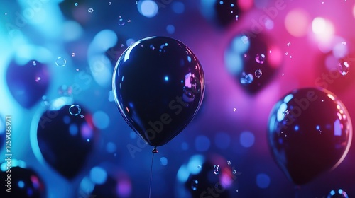 Dark glossy balloon highlights with colorful bokeh glow.