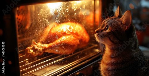 Happy Thanksgiving day! Cat looking and waiting a delicious roasted turkey 