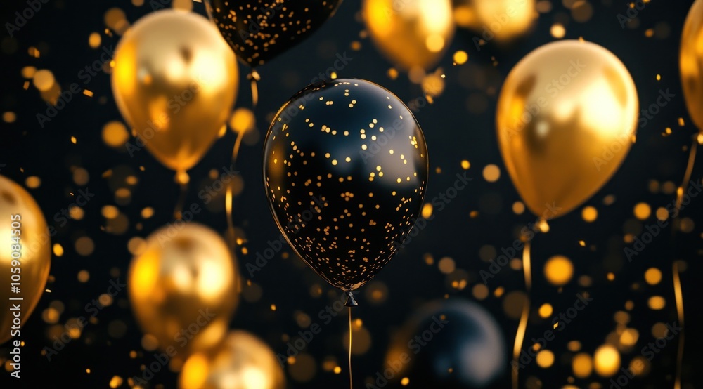 Gold and black balloons with sparkling confetti effects. Gold and black balloons with sparkling confetti effects.