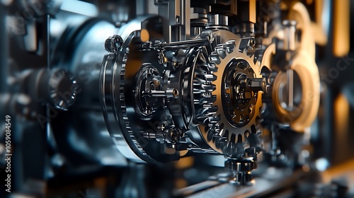 A close-up view of intricate gears and machinery, showcasing mechanical precision and engineering design.