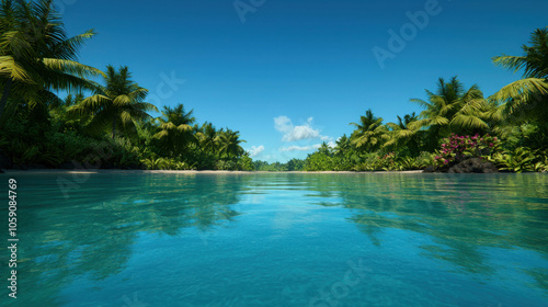 Tropical Paradise Lagoon: Tranquil turquoise waters reflect the lush greenery of palm trees on a secluded island. Escape to serenity. 