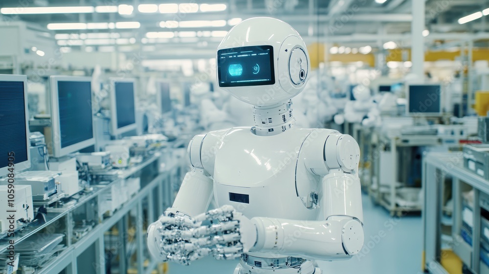 White Robot in a Modern Factory Setting White Robot in a Modern Factory Setting