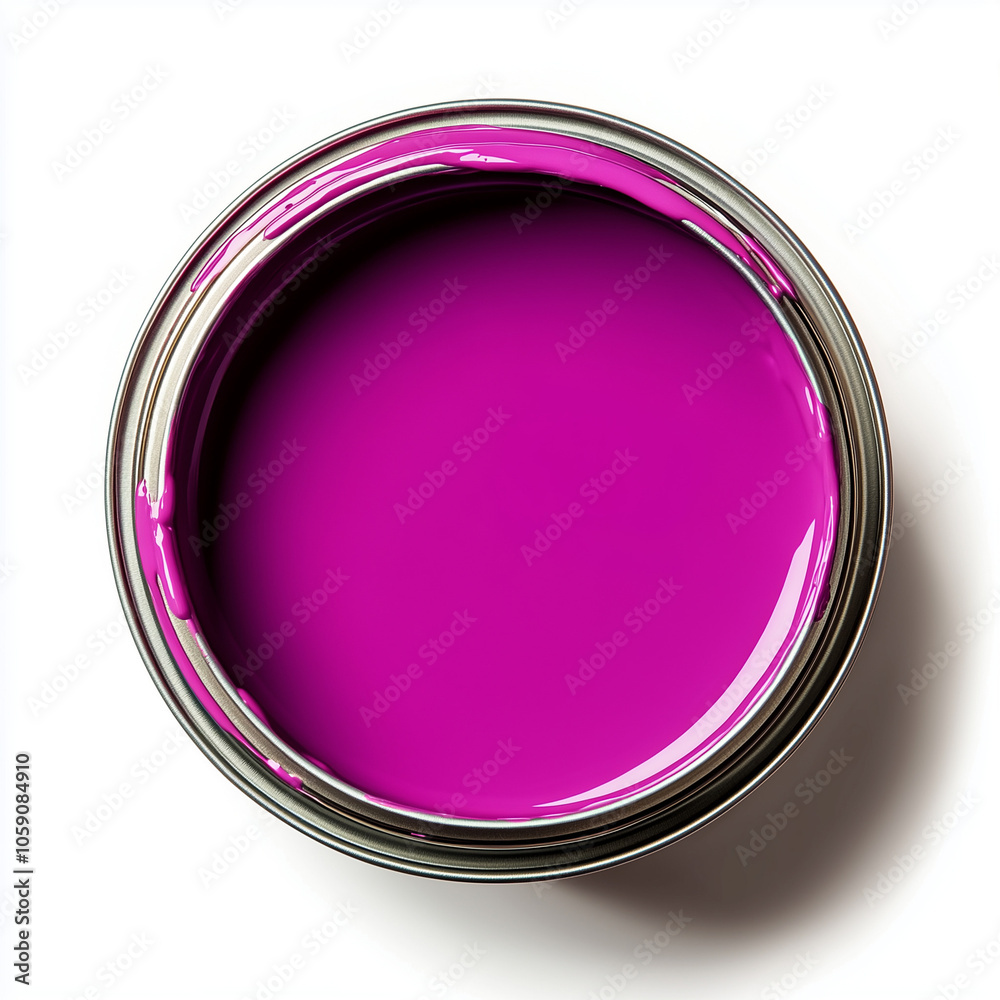 Top View of an Open Paint Can Filled with Bright Magenta Paint, Smooth Surface, Metal Rim Detailed, Isolated on a Bright White Background Top View of an Open Paint Can Filled with Bright Magenta Paint, Smooth Surface, Metal Rim Detailed, Isolated on a Bright White Background