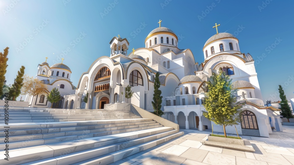 Fototapeta premium Stunning byzantine orthodox church with intricate architecture and domes against clear blue sky